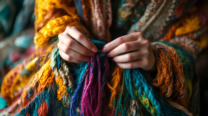 Close-up of female hands weaving colorful wool threads, creating a vibrant and textured textile piece