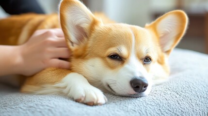 Adorable corgi relaxing indoors with human hand petting