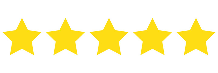 Five star rating.Five stars customer product review icon set, featuring yellow 5-star rating flat icons for apps and websites. Represents quality, customer rating, and feedback in transparent PNG and 