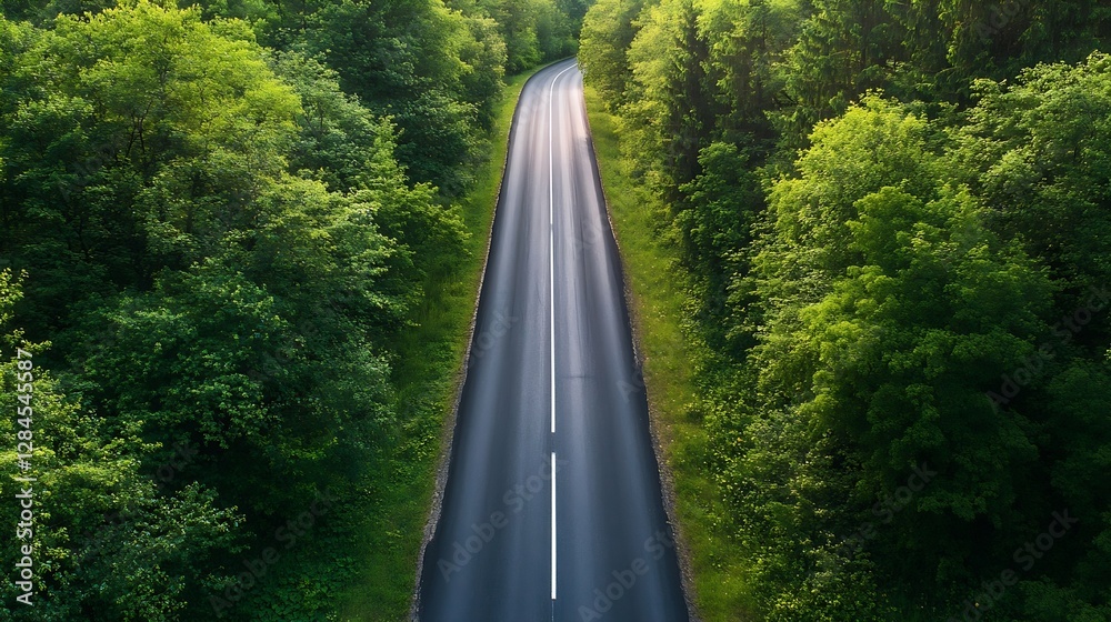 Poster a winding road flanked by lush green trees creating a picturesque scene from above : generative ai