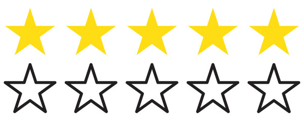 Five star rating.Five stars customer product review icon set, featuring yellow 5-star rating flat icons for apps and websites. Represents quality, customer rating, and feedback in transparent PNG and 