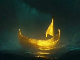 golden ship, ocean waves, night scene, mystical scene, fantasy ship