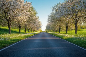 Fototapeta premium Blossoming trees lining a serene road in springtime with vibrant greenery under a clear blue sky