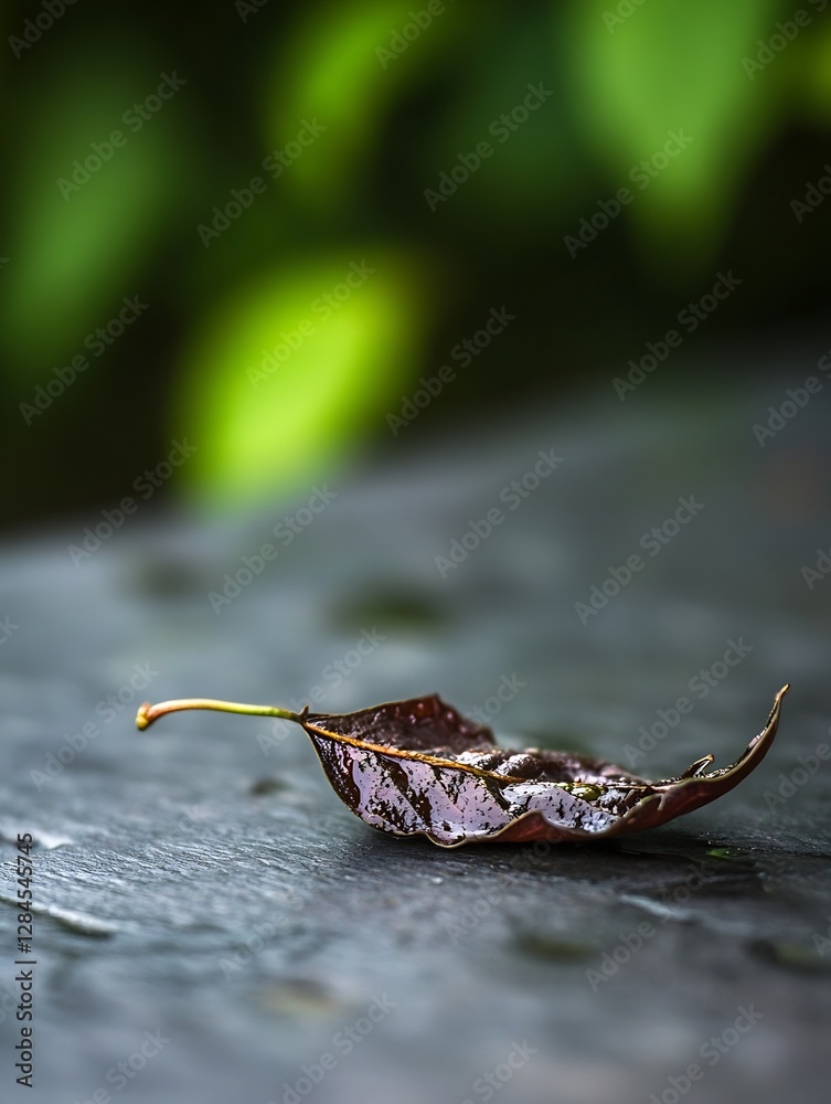 Aufkleber close up of a wet brown leaf on a dark surface with green background : generative ai