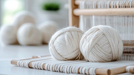Yarn balls on loom, craft workshop, home studio
