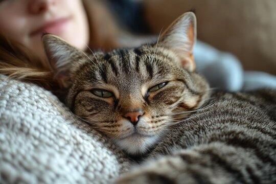 Cozy tabby cat relaxing in a person's lap while being cuddled indoors during a peaceful afternoon