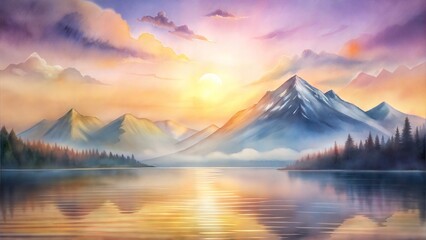 majestic watercolor mountain landscape at dawn with reflections in calm water