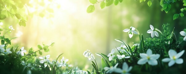 Obraz premium Serene spring meadow with blooming white flowers under sunlight in lush green forest