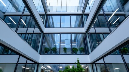 Obraz premium Modern office building interior showcasing large glass windows and green plants : Generative AI