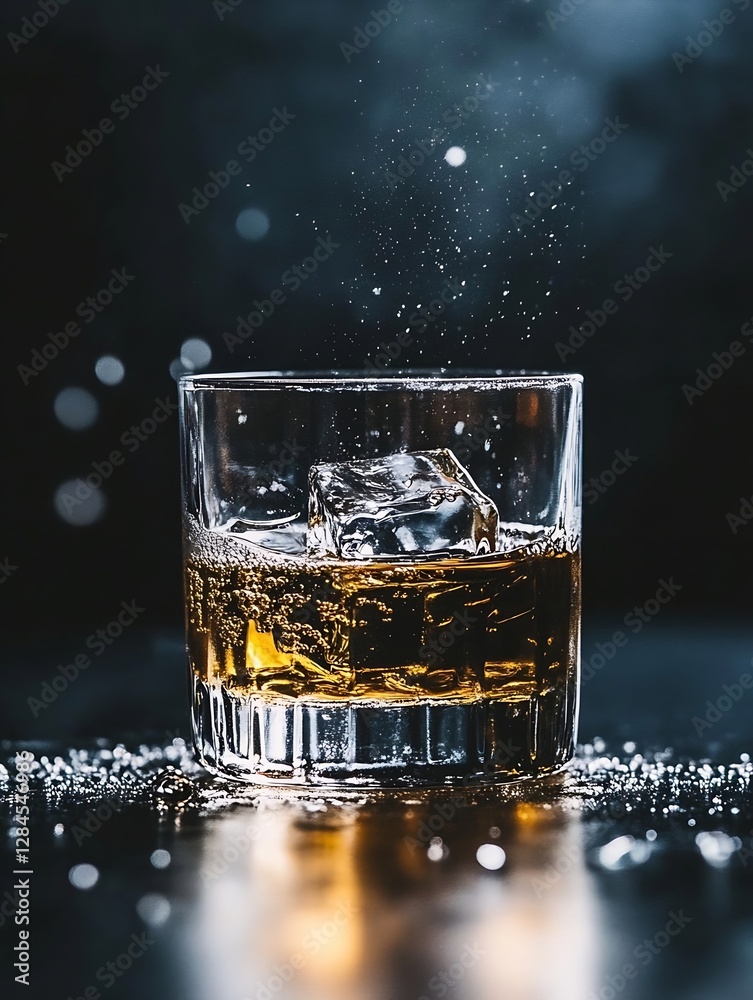 Aufkleber Close up of a glass with whiskey and ice cubes sparkling on a dark background : Generative AI