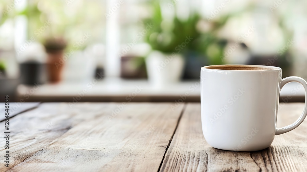 Aufkleber Inviting view of a warm cup of coffee on a rustic wooden table in a cozy home setting : Generative AI