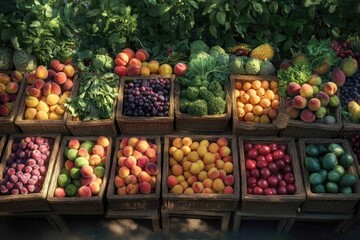 Assortment of fresh fruits and vegetables in wicker baskets at a market.