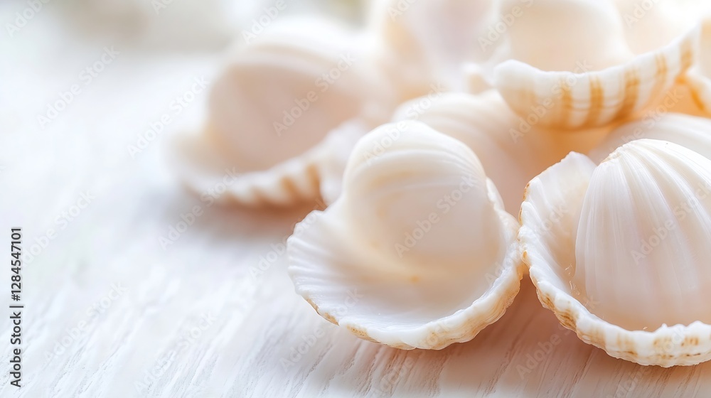 Aufkleber a closeup view of beautiful seashells arranged artistically on a light wooden surface : generative a