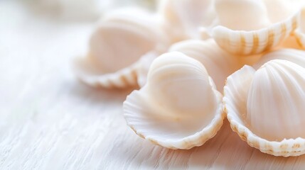 A closeup view of beautiful seashells arranged artistically on a light wooden surface : Generative AI
