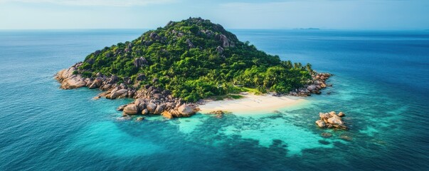 Fototapeta premium Lush tropical island paradise with sandy beach and turquoise waters