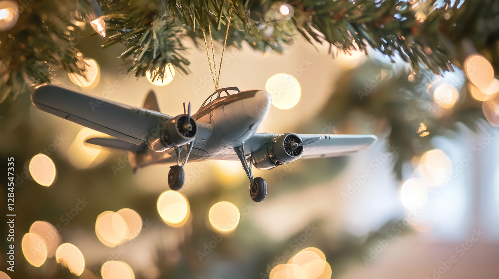 Poster christmas tree ornament in the shape of a vintage airplane hanging from a pine branch with christmas
