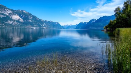 Peaceful Scenic View of Calm Lake Surrounded by Mountains Under Clear Blue Sky and Lush Greenery : Generative AI