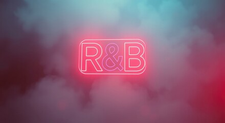 Illuminated R&B text in neon, set against a gradient of blues and reds with subtle smoke textures.