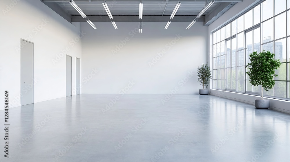 Poster Bright and airy modern interior of a spacious empty room with large windows and potted plants : Generative AI