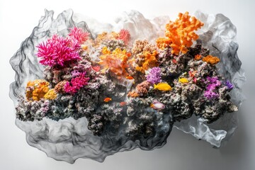 Vibrant coral reef ecosystem thriving with diverse colorful corals and fish, encapsulated in a flowing fabric.