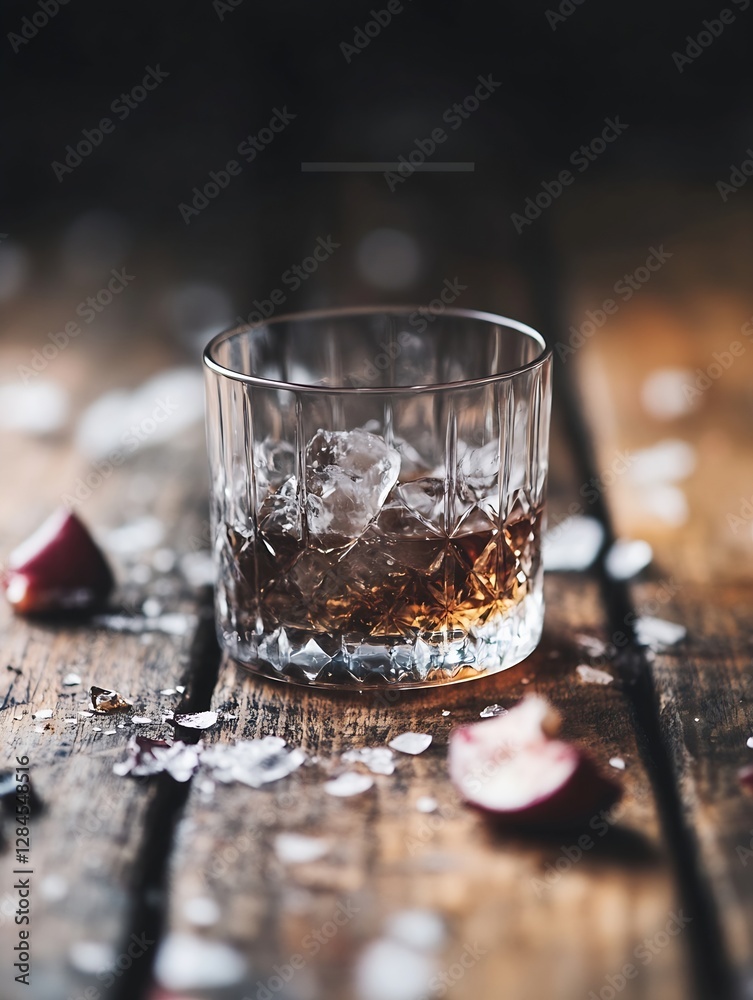 Poster artistic closeup of a glass filled with whiskey on rustic wooden table : generative ai
