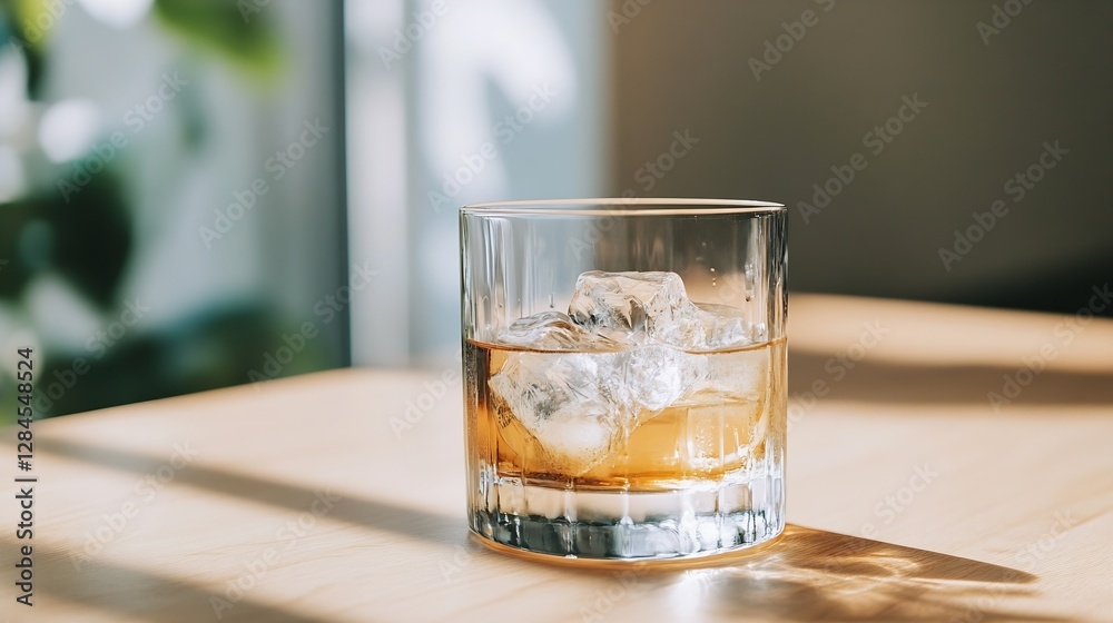 Poster Whiskey glass with ice cubes on a wooden table bathed in soft natural light for an elegant setting : Generative AI