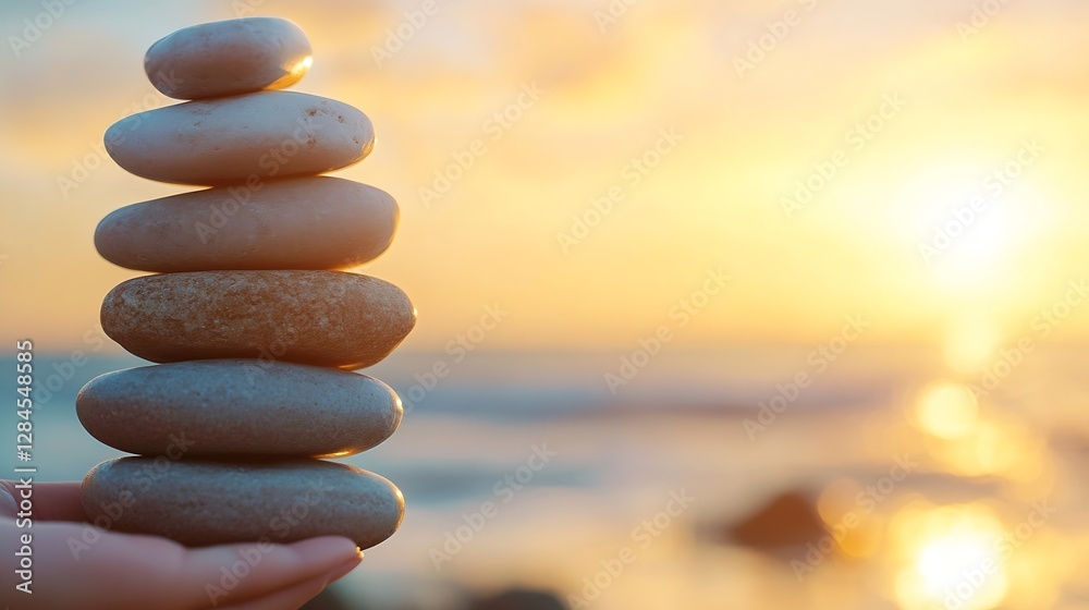 Aufkleber stack of smooth pebbles balanced skillfully during a beautiful sunset at the beach : generative ai