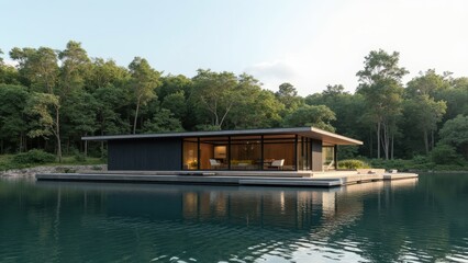 Obraz premium A Contemporary House Sits on a Tranquil Lake, Surrounded by Lush Greenery
