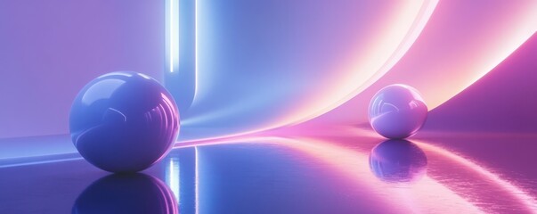 Abstract neon spheres with reflective surface and vibrant lighting