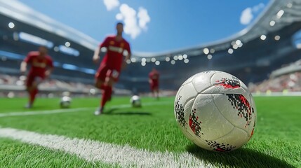 Soccer players run, ball in focus, stadium background, sports action