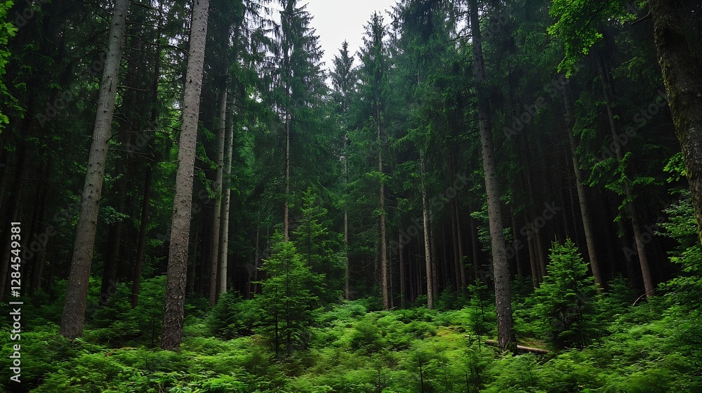 Poster Dense evergreen forest with towering trees and lush greenery creating a peaceful natural environment : Generative AI
