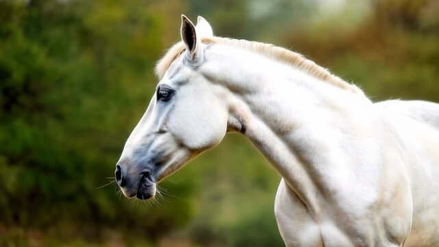 Graceful White Akhal Teke Horse Posing Elegantly in a Peaceful Outdoor Setting