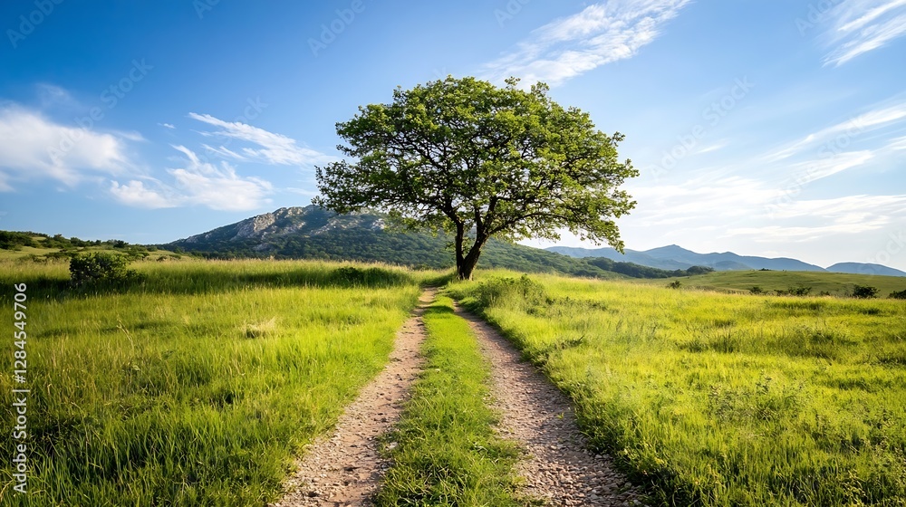 Poster lone tree standing in green field with pathway leading into nature : generative ai