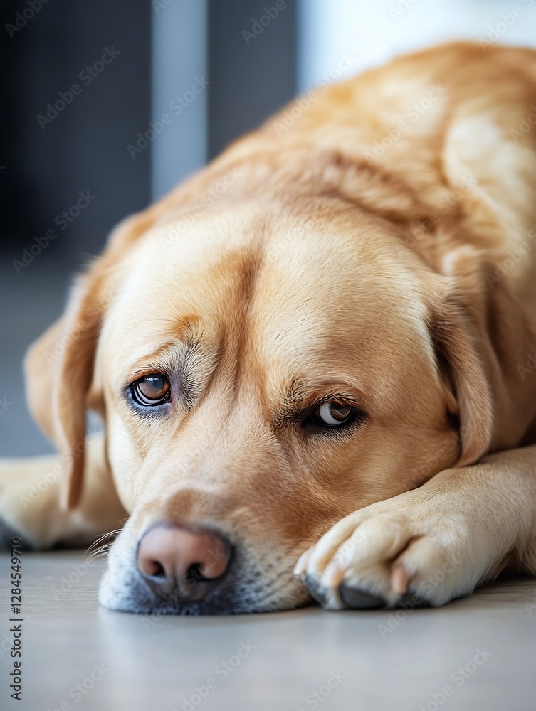 Poster Closeup of a weary labrador retriever resting on the floor showing deep thoughts and loyalty : Generative AI