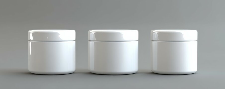 Three white plastic containers on gray background for storage and organization