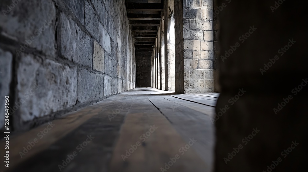 Aufkleber Wide perspective view of a long corridor with stone walls and wooden flooring creating an eerie vibe : Generative AI