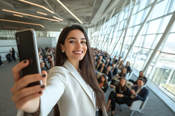 Smiling businesswoman taking a selfie at a professional conference, with a large audience in the background inside a modern, well-lit event space with glass windows.  
