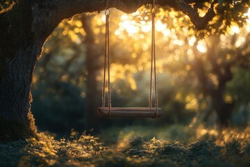 A rustic wooden swing hangs from an old tree, bathed in the warm glow of golden sunlight.
