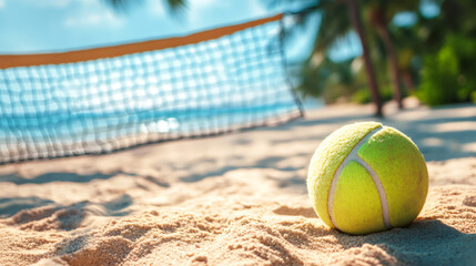 Yellow tennis ball resting on sandy beach court, palm trees and ocean horizon framing coastal sporting scene © Michael