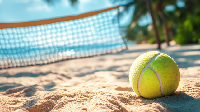 Yellow tennis ball resting on sandy beach court, palm trees and ocean horizon framing coastal sporting scene