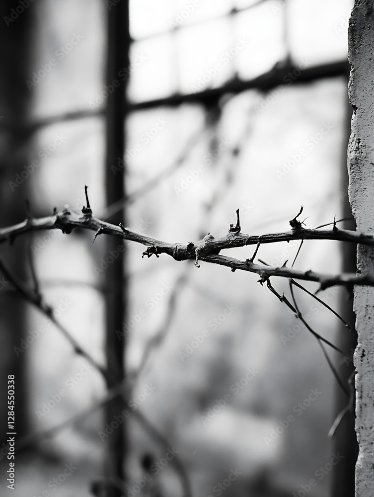 Poster black and white photograph of thorny branches tangled against a window creating a somber and reflect