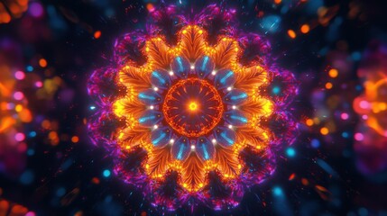 Vibrant symmetrical mandala design with multicolored neon lights and patterns