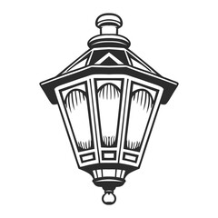 Vintage lantern vector illustration, silhouette, monochrome design, hand drawn illustration, detailed vector, isolated on a white background