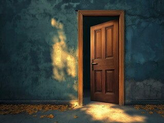 open door, blue wall, light streaming, shadowy interior, mysterious atmosphere, dramatic light