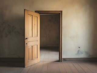 Fototapeta premium open door, old room, light streaming, interior shot, aged wood, weathered walls