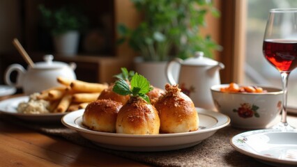A Cozy Dining Moment Unfolds as a Person Serves Tea Alongside Tempting Pastries on a Wooden Table