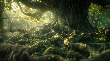 Intertwining Roots of an Ancient Tree Illuminated by Sunlight in a Serene Forest Setting
