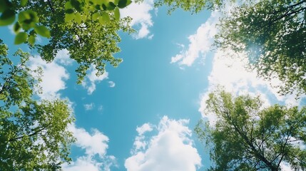 Fototapeta premium Vibrant Blue Sky Framed by Lush Green Trees Underneath an Expansive Canopy : Generative AI