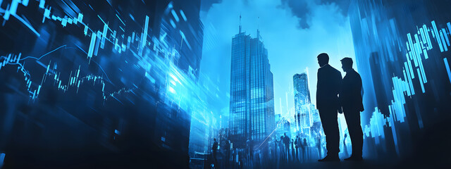 Obraz premium Businessmen and financial charts in a double exposure background, with business people standing in silhouette over a stock market graph chart 