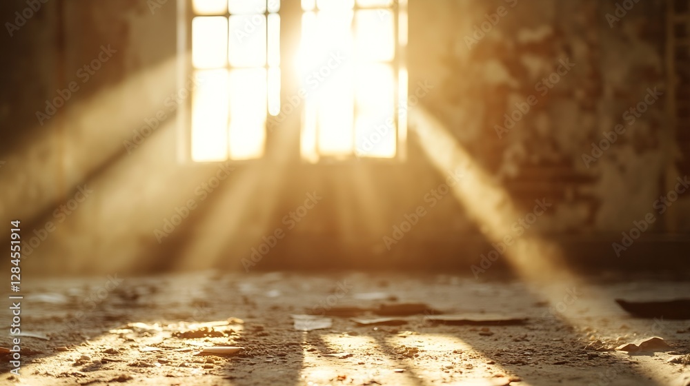 Aufkleber golden rays illuminating a deserted room with dusty floors and windows creating a warm ambiance : ge